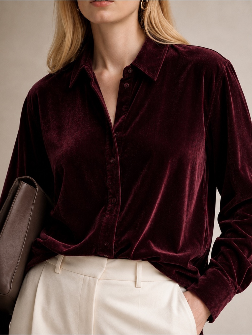 Eileen Fisher Velvet Button Up Shirt Dark Cranberry 1X Silk Blend Oversized